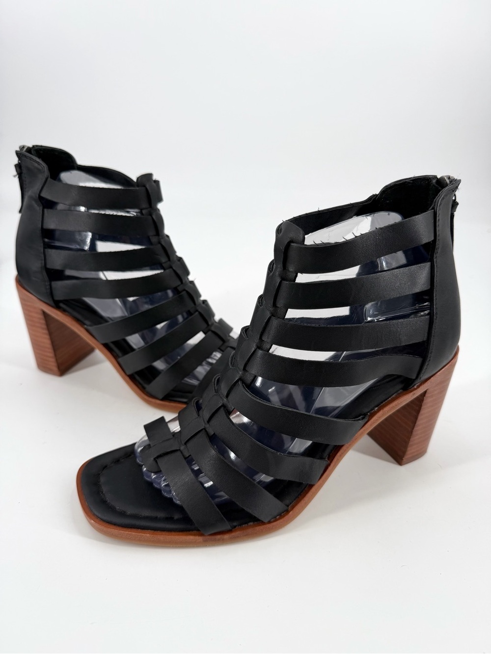 Sofft Stratford Strappy Gladiator Zip Black Leather Square Toe Sandal Heel